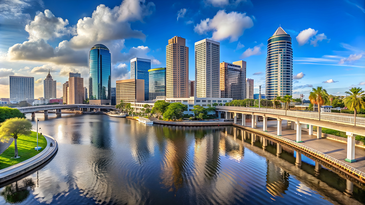 Panoramic view of Tampa's downtown skyline overlooking the Riverwalk and freeway, Tampa, Florida, skyline, downtown